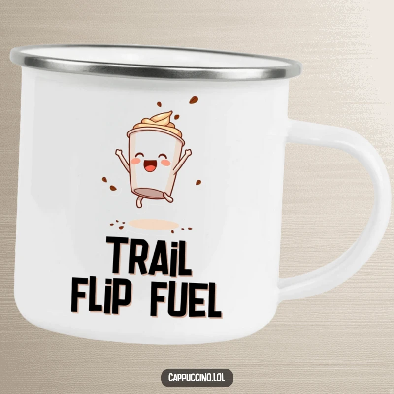 Funny Camping Mug: Delighted cappuccino cup character performing a somersault, coffee powder flying, ready for outdoor adventures.