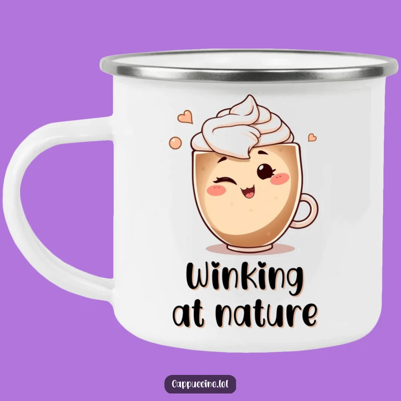 Funny Winking Cappuccino Camping Mug: Playful Sips Outdoors, Art Swirl Gift