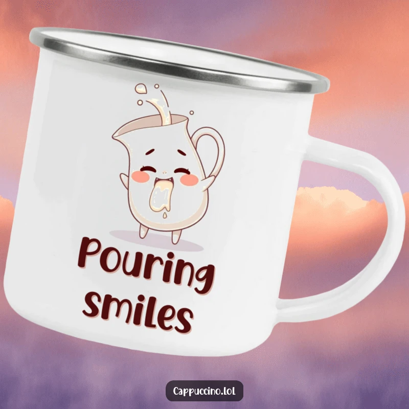 Funny milk pitcher camping mug, mischievous character pouring giggles, durable outdoor cup, great for humor lovers.