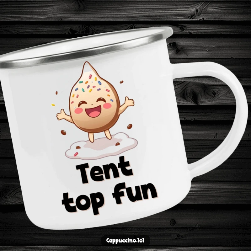 Funny Camping Mug featuring a laughing chocolate sprinkle character bouncing on foam, perfect for outdoor fun and humor.