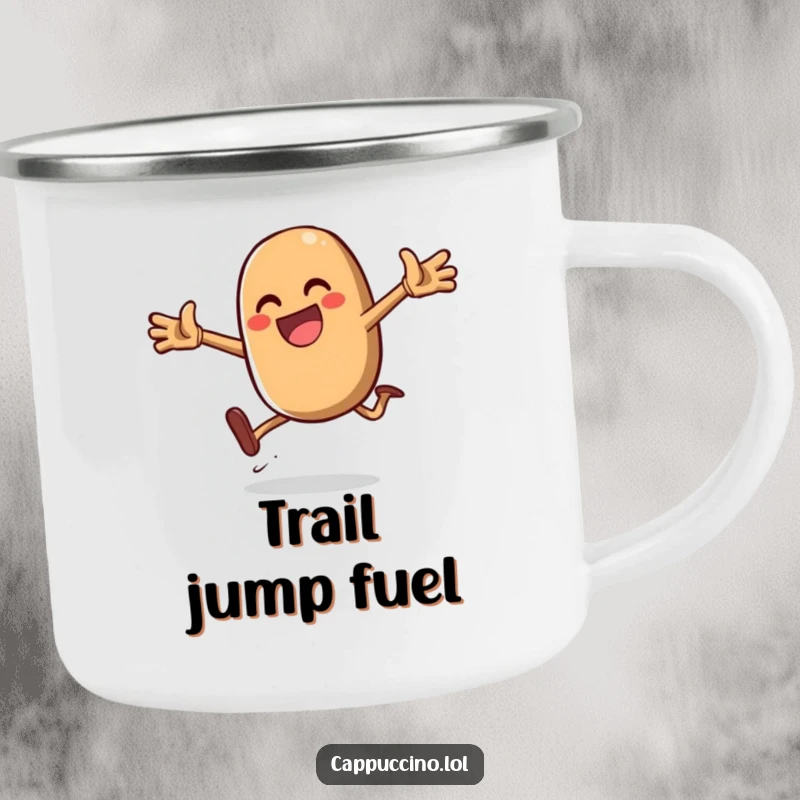 Funny Daring Jump Bean Camping Mug with a gleeful coffee bean character mid-jump, perfect for outdoor enjoyment and an energetic spirit.