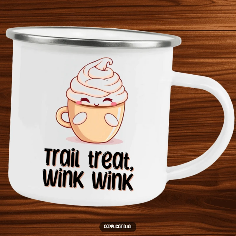 Funny winking cappuccino cup character offering a treat on a durable camping mug for outdoor fun.