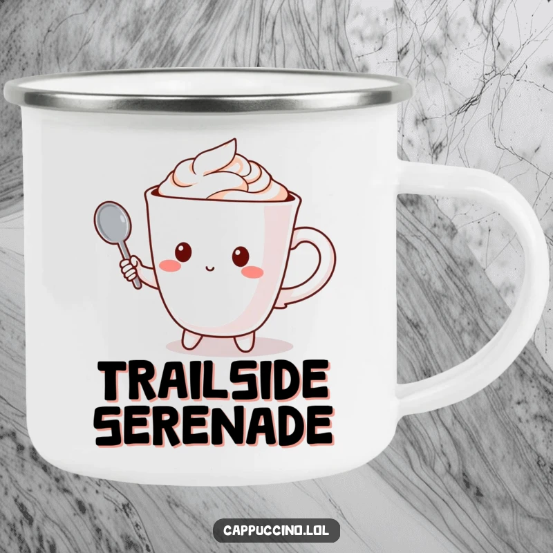 Funny camping mug featuring a cappuccino cup character holding a tiny spoon like a microphone, for outdoor performances.