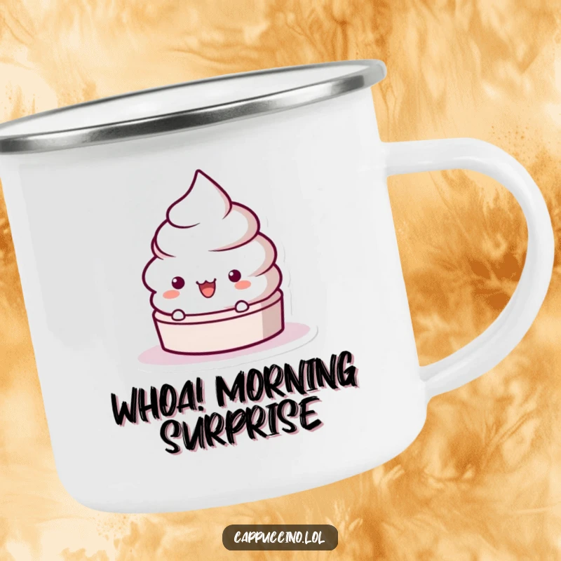 Funny Frothy Lid Surprise Camping Mug with a playful character popping up in shock, perfect for outdoor enjoyment and a cheerful spirit.