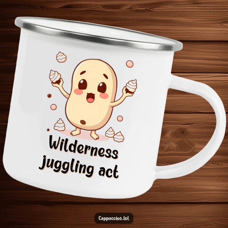 Funny Camping Mug featuring a surprised coffee bean character comically juggling whipped cream, perfect for enjoying drinks outdoors.