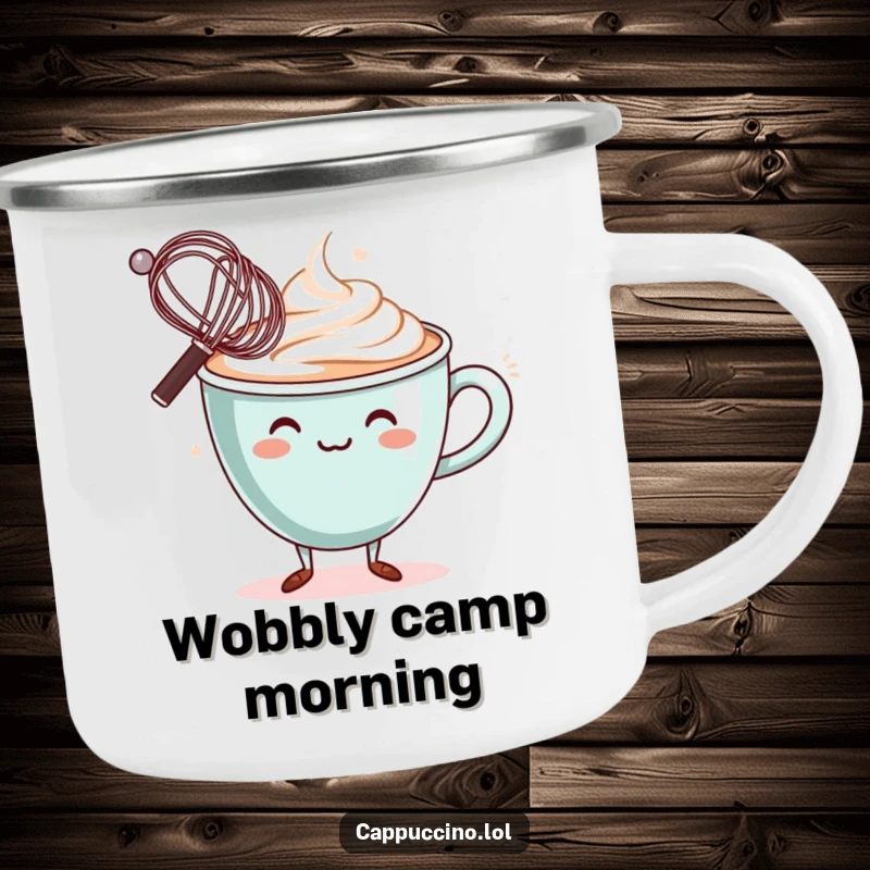 Funny Camping Mug: Wobbly cappuccino cup character, balancing a miniature whisk on its rim, ready for outdoor precision.