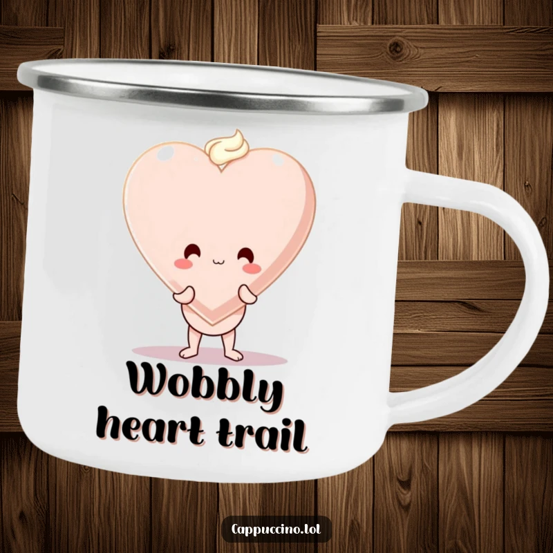 Funny camping mug with a wobbly cappuccino cup character balancing a giant foam heart, perfect for adventurers.