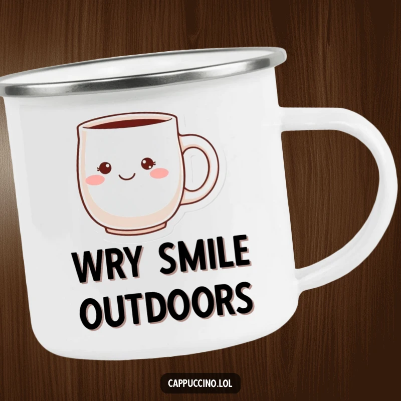 Funny Cheeky Grin Camping Mug with a blushing ceramic mug character and a playful grin, perfect for outdoor enjoyment and a cheerful spirit.