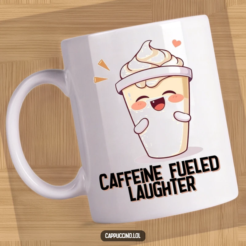 Funny mug featuring a cappuccino cup character laughing heartily and shaking its lid, brimming with joy.