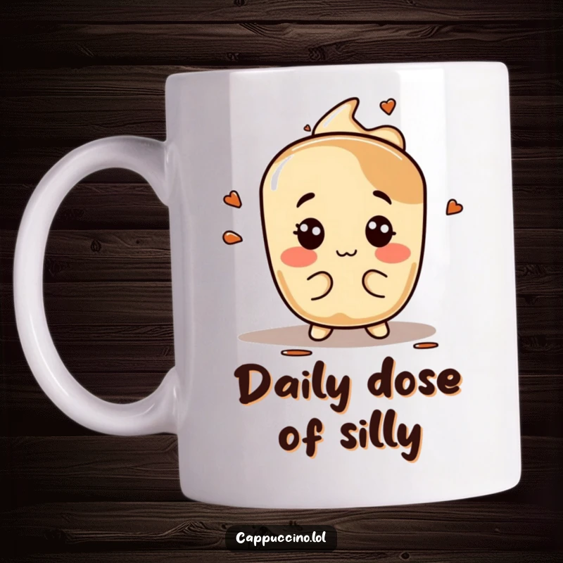 Funny espresso stain mug, playful character making silly faces, coffee-themed humor, perfect funny present.