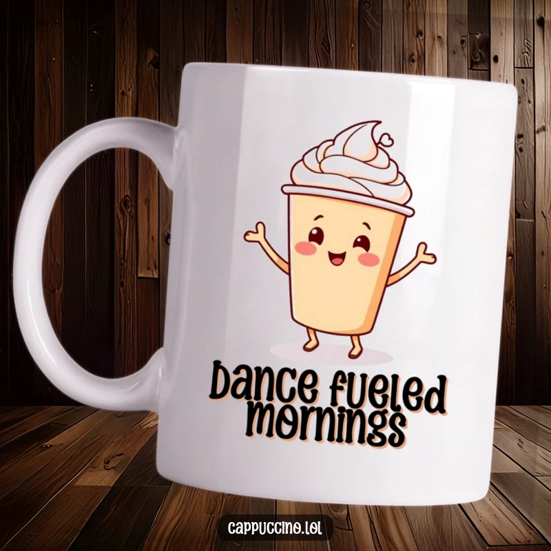 Funny Mug featuring a cheerful cappuccino cup character doing a happy dance, radiating pure coffee contentment.