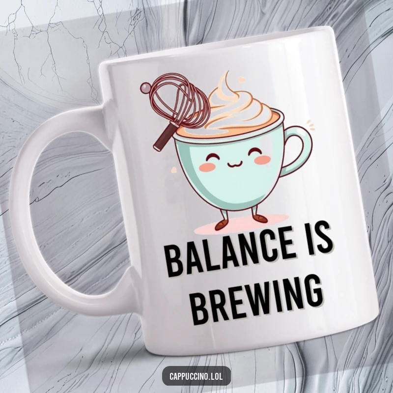 Funny Mug: Wobbly cappuccino cup character, precariously balancing a miniature whisk on its rim, a delicate act.