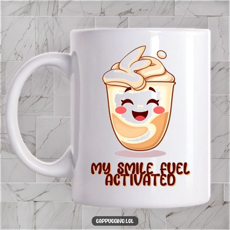 Funny cappuccino art swirl mug, character morphing into a laughing face, bringing morning cheer, perfect humorous gift.