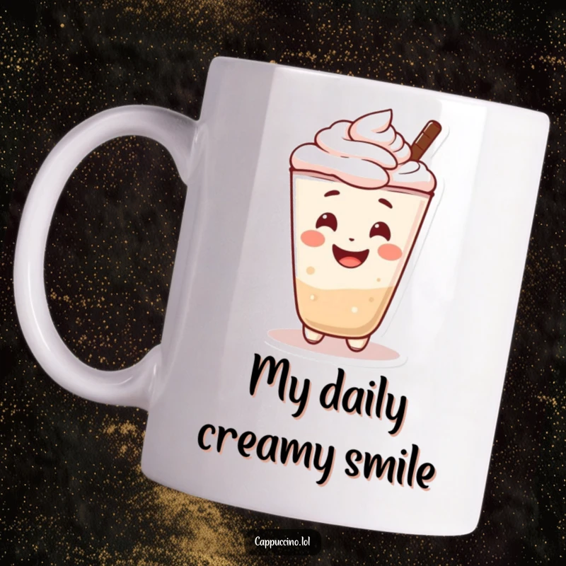 Funny mug featuring a cheerful cappuccino foam character with a wide, happy smile. Adorable and fun.