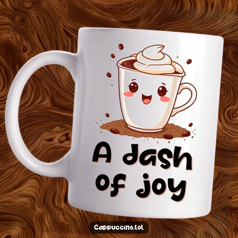Funny mug with a happy cappuccino cup character joyfully sprinkling cocoa powder, creating a sweet, cozy atmosphere.