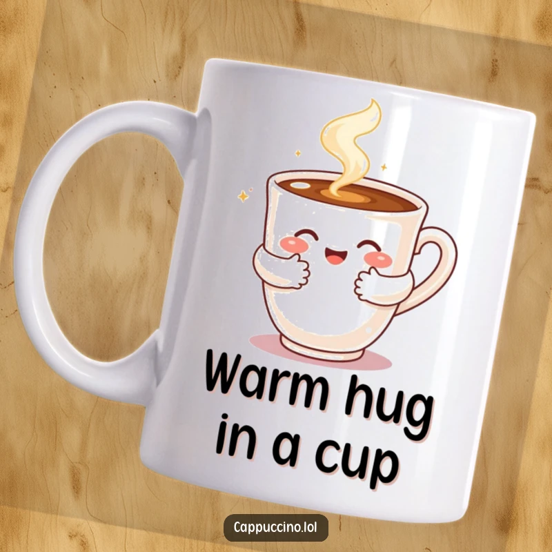 Funny mug of a steaming cappuccino cup character giving a warm, bubbly hug with its arms, radiating coziness and affection.