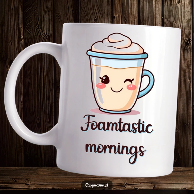 Funny cappuccino mug featuring a smiling coffee cup character with frothy foam art, radiating morning joy and caffeine cheer.