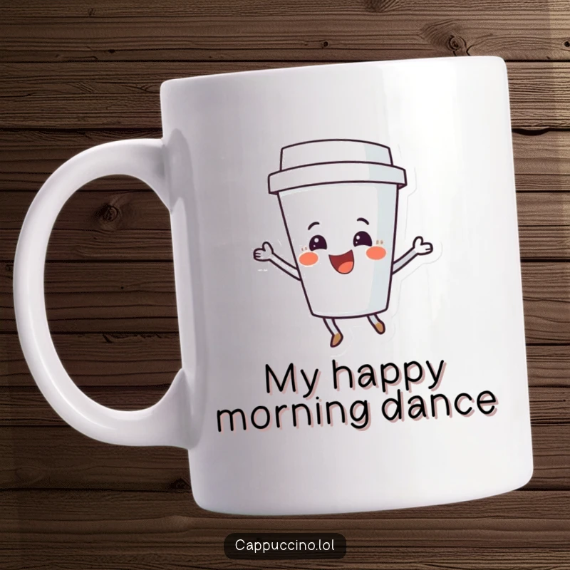 Funny Coffee Cup Mug featuring a delighted character doing a happy shimmy dance, radiating pure morning joy and energy.