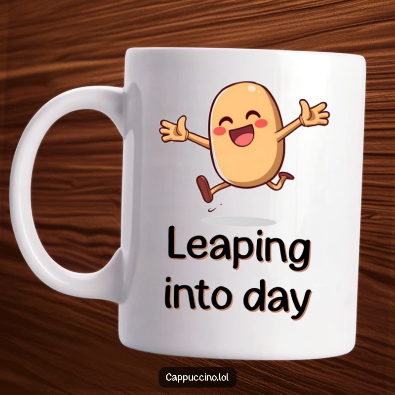 Funny Daring Jump Bean Mug featuring a gleeful coffee bean character mid-air during an energetic and daring jump.