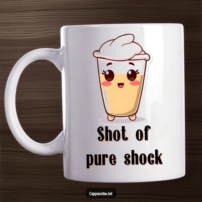 Funny Mug featuring a happy espresso shot character with wide, surprised eyes, ready to deliver a jolt of caffeine and humor.