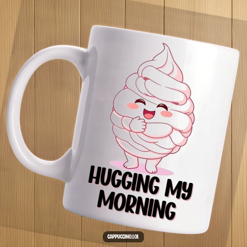 Funny whipped cream character mug, excited, giving a giant fluffy hug, sweet and cheerful, perfect funny gift.