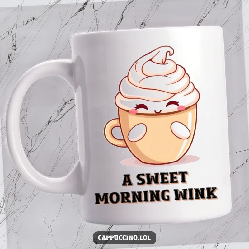 Funny winking cappuccino cup character extending a treat, inviting a moment of joy and indulgence.