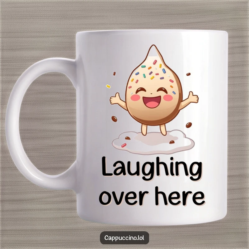 Funny Mug with a laughing chocolate sprinkle character gleefully bouncing on top of coffee foam, radiating pure happiness.