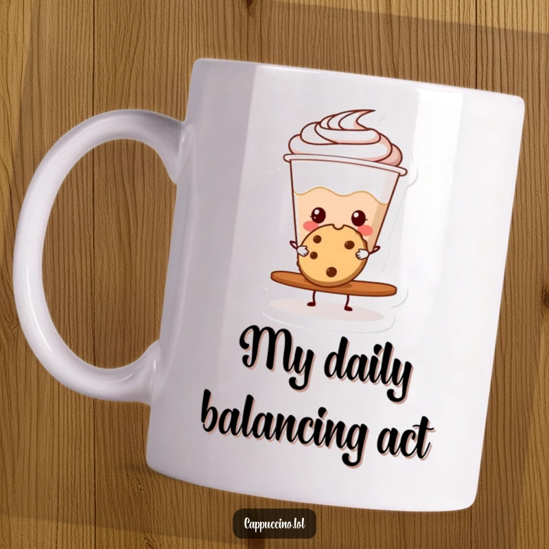 Funny cappuccino cup character joyfully balancing a cookie on its rim, perfect for a cheerful morning laugh.
