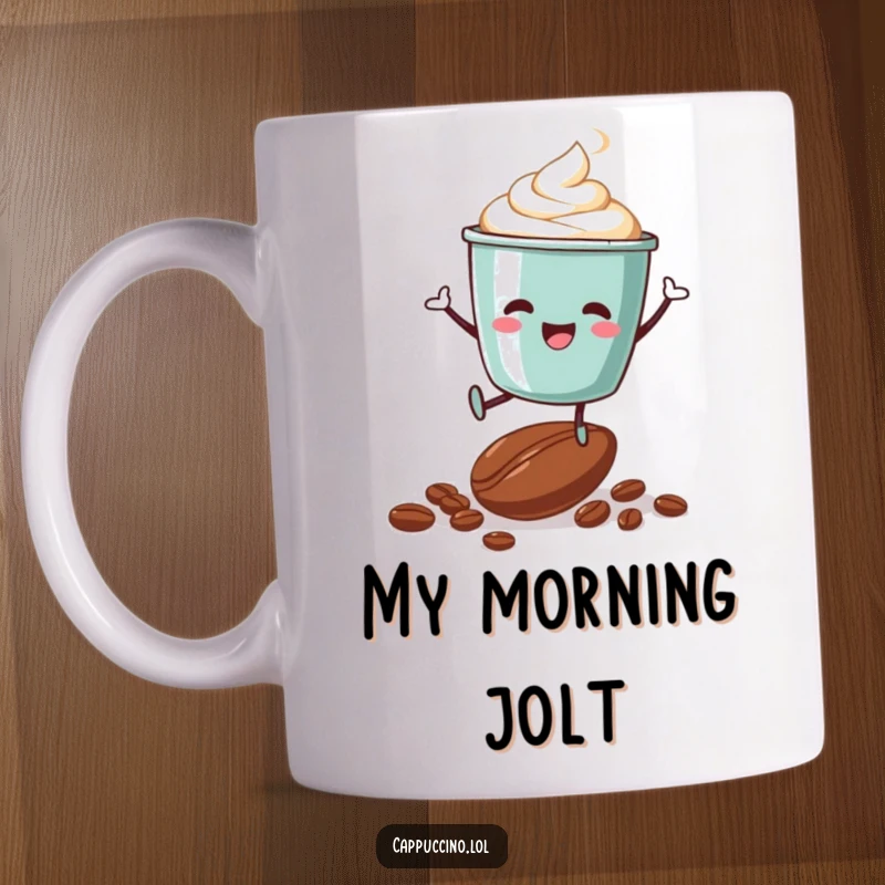 Funny mug featuring a joyful cappuccino cup character enthusiastically jumping on a pile of coffee beans, celebrating coffee.