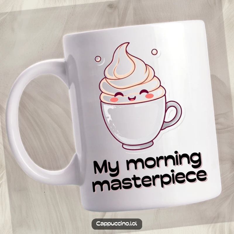 Funny Mug featuring a cheerful milk froth character joyfully swirling inside a steaming coffee cup, radiating happiness.