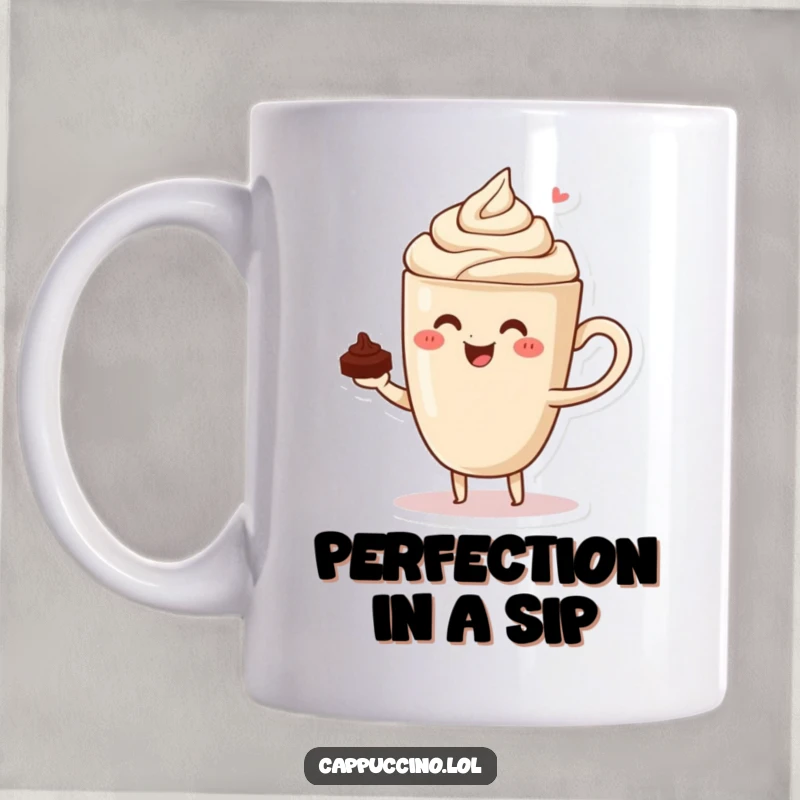 Funny coffee mug showing a cheerful cappuccino cup character skillfully balancing a tiny chocolate shaving on its rim.