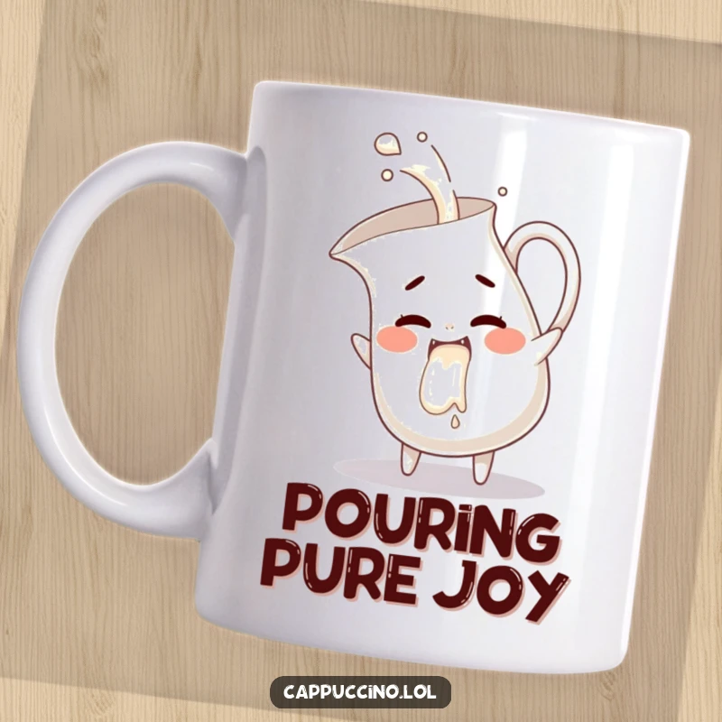 Funny milk pitcher mug, mischievous character pouring giggles, playful and cheerful, perfect funny gift.
