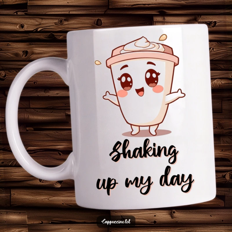 Funny mug with a cappuccino cup character doing a lively shimmy dance with wide, happy eyes, exuding pure joy.