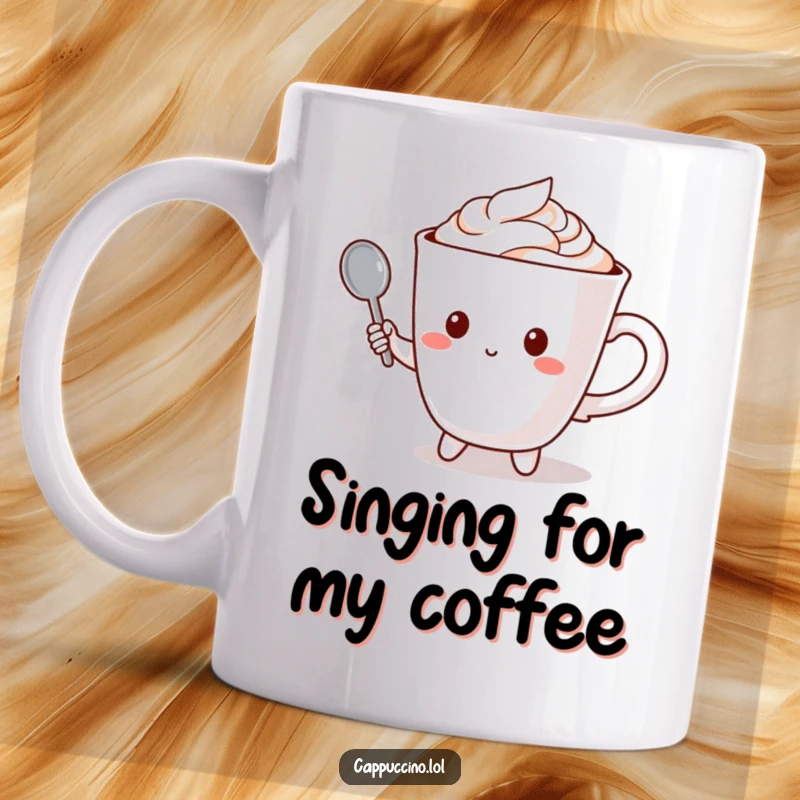 Funny mug featuring a cappuccino cup character holding a tiny spoon like a microphone, ready to sing.