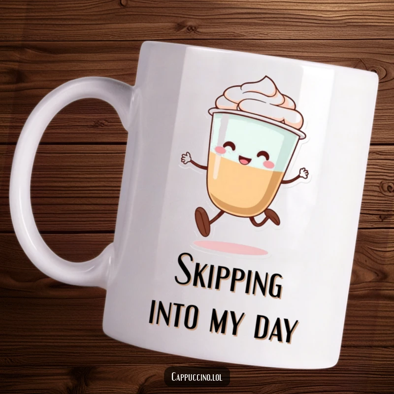 Funny mug of a happy cappuccino cup character with legs doing a silly little skip, radiating pure glee.