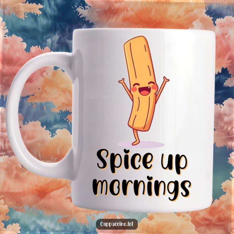 Funny Mug featuring a giggling cinnamon stick character performing a handstand with a joyful expression, adding spice to coffee time.