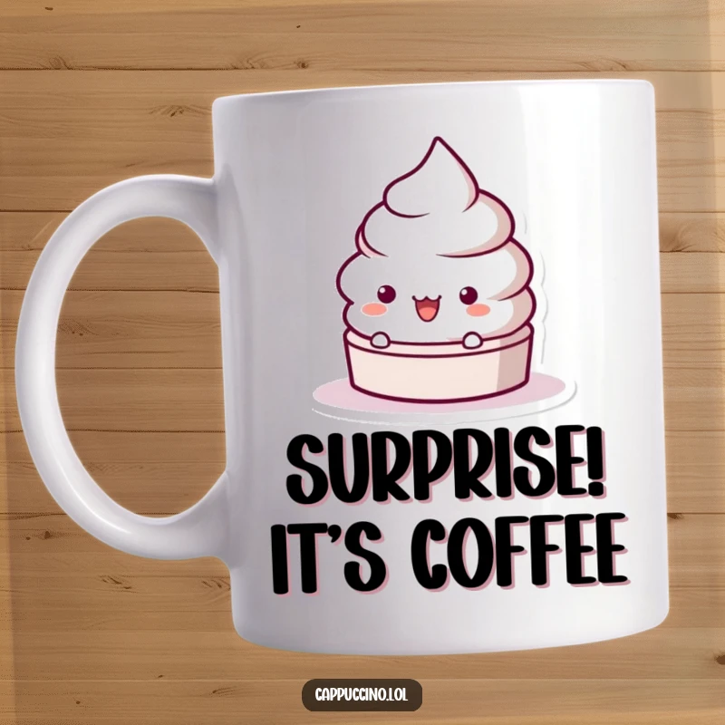 Funny Frothy Lid Surprise Mug featuring a playful character popping up with wide eyes, capturing a moment of delightful shock.