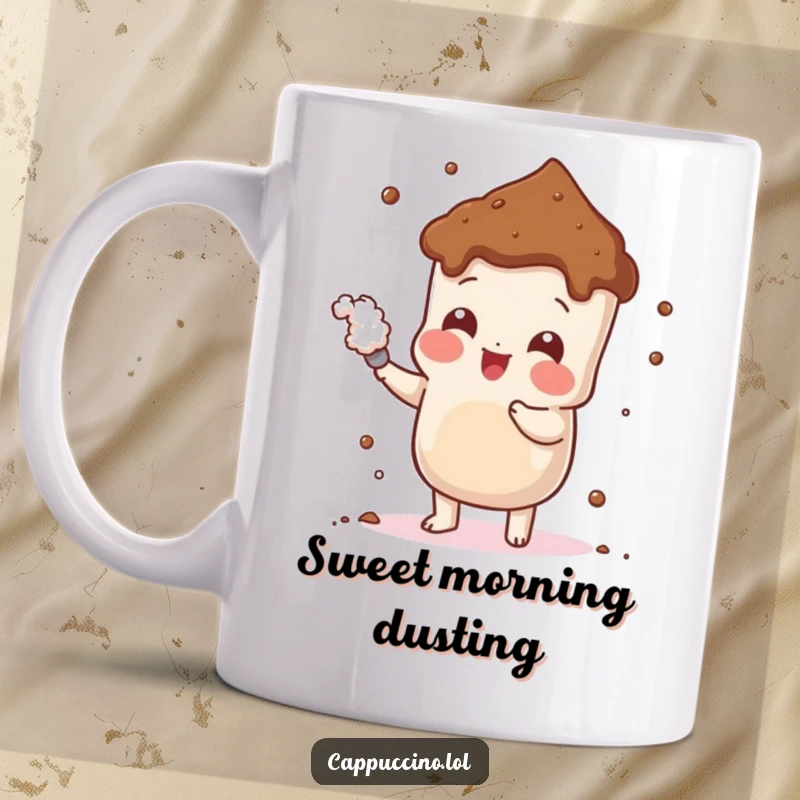 Funny Cheerful Cocoa Mug featuring a playful cocoa powder character dusting itself with a cheerful and lighthearted action.