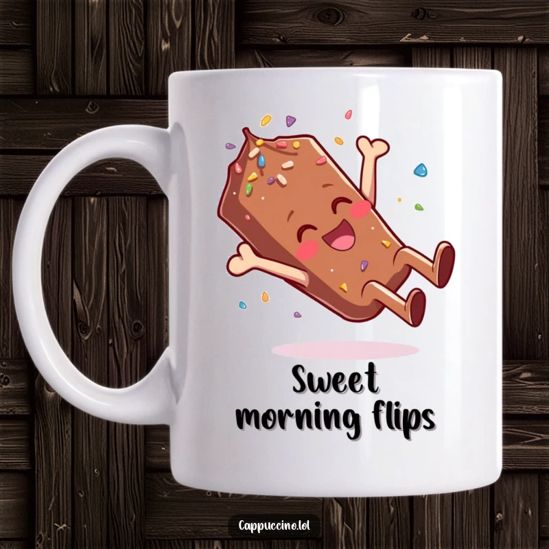 Funny Mug featuring a giggling chocolate sprinkle character performing a joyful celebratory somersault.