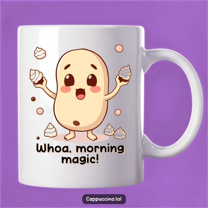Funny Surprised Bean Mug: Juggling Cream Coffee Character - Humorous Gift