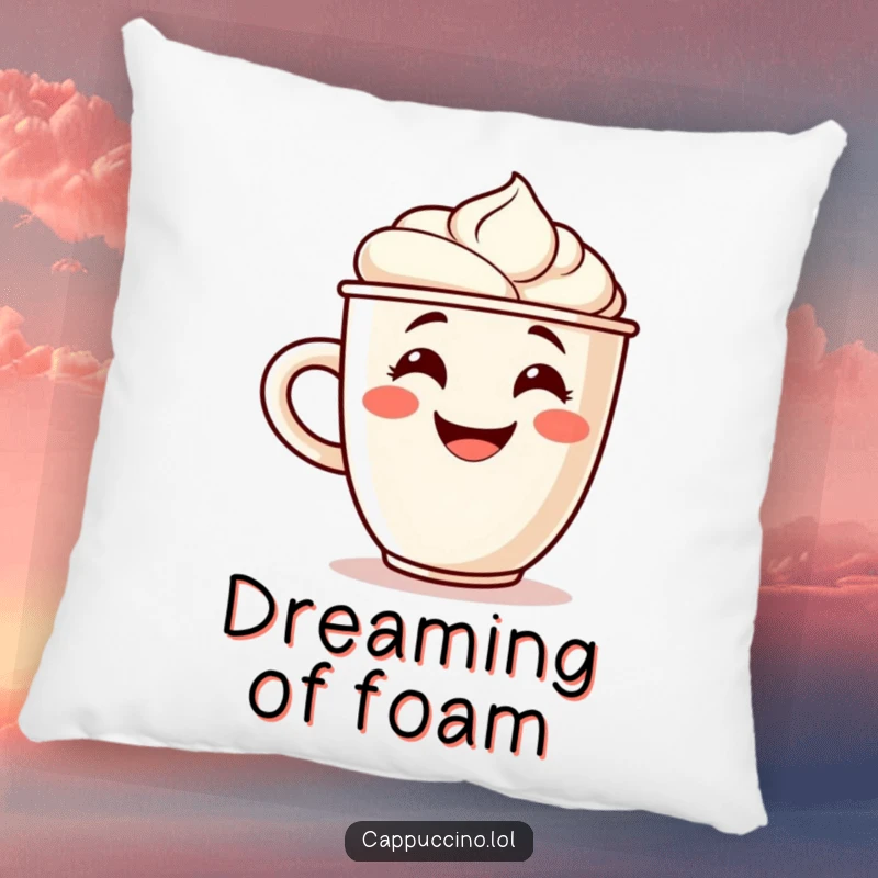 Funny pillow featuring a grinning cappuccino cup character with a foam swirl cheering, perfect for cozy and coffee-themed decor.
