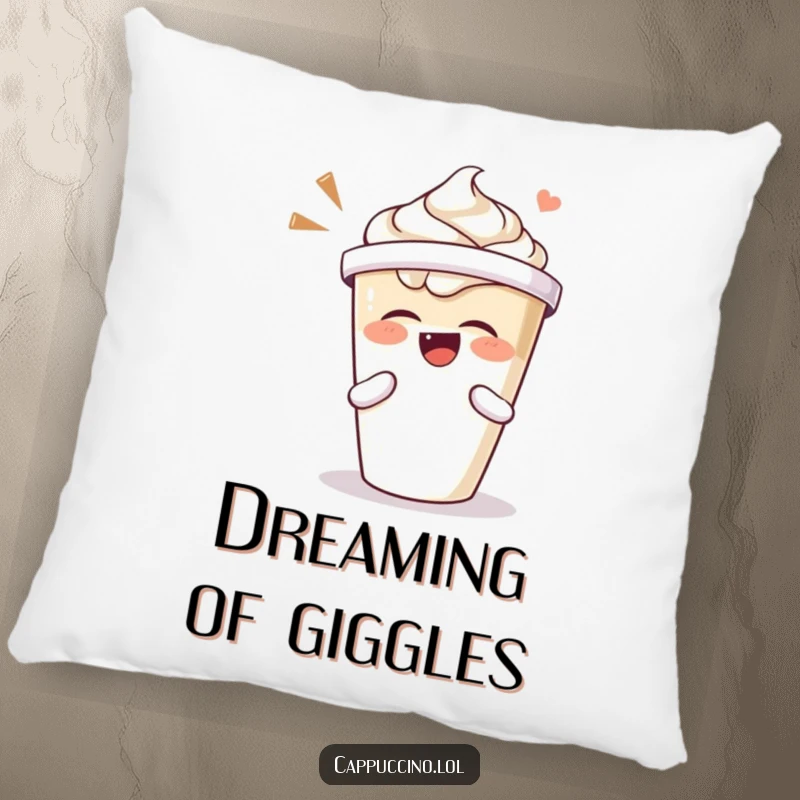 Funny pillow featuring a laughing cappuccino cup character with a shaking lid, adding comfort and cheer.