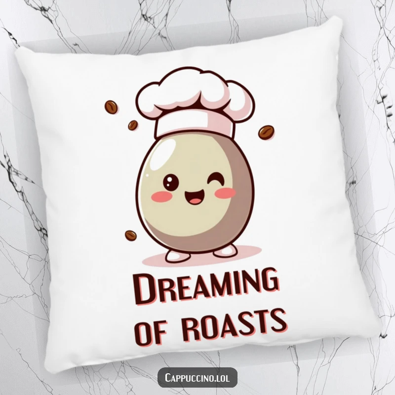 Funny coffee bean character wearing a chef hat, printed on a soft and decorative pillow.