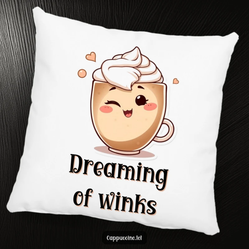 Funny pillow with a smiling cappuccino art swirl character winking playfully, adding personality and comfort to any setting.