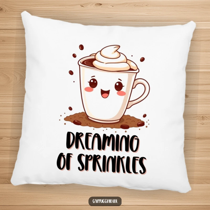 Funny pillow featuring a happy cappuccino cup character joyfully sprinkling cocoa powder, bringing comfort and a sweet touch.