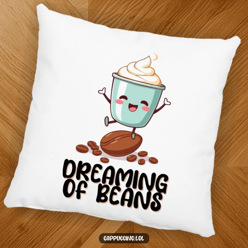 Funny pillow featuring a happy cappuccino cup character bouncing excitedly on a bed of coffee beans, radiating comfort and joy.