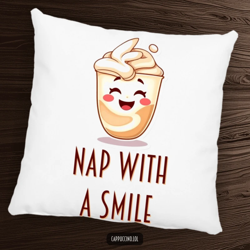 Funny cappuccino swirl pillow, character morphing into a laughing face, soft and cozy cushion, delightful funny gift.