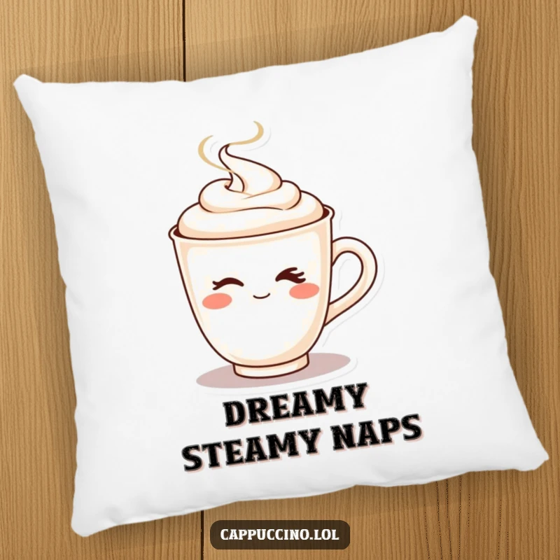 Funny decorative pillow with a playful cappuccino cup character winking with steam rising.