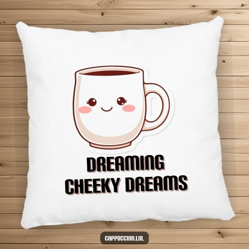 Funny Cheeky Grin Pillow with a blushing ceramic mug character and a playful grin, adding cozy charm and humor to any space.