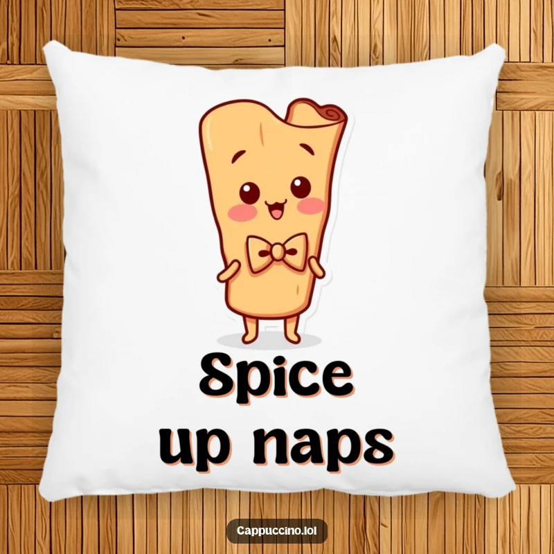 Funny Pillow showcasing a silly cinnamon stick character with a bowtie, captured in a funny, wiggling pose.